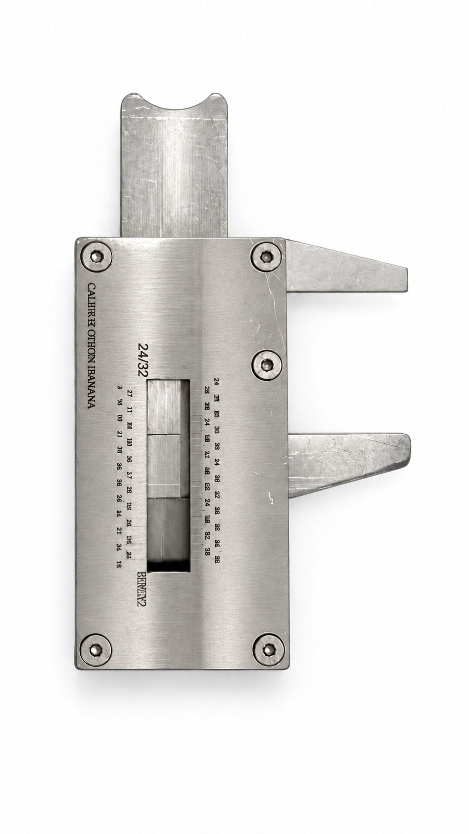 Calibrador de Banano en acero inoxidable, vista lateral. Imagen generada con inteligencia artificial.